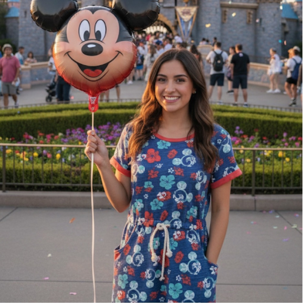 Disney Parks Blue Mickey Mouse Hibiscus Floral Casual Drawstring Waist Dress